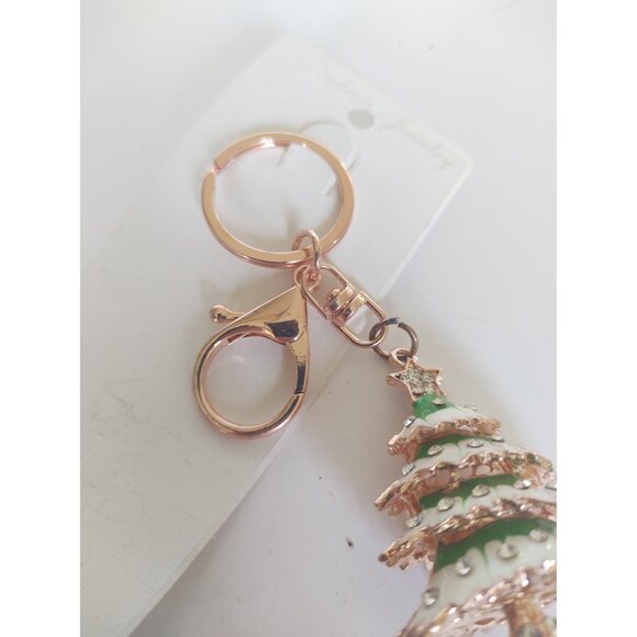 Rhinestone & Gold Tone Christmas Tree Key Chain Hand Painted 2" x 1 3/8" - Picture 2 of 10